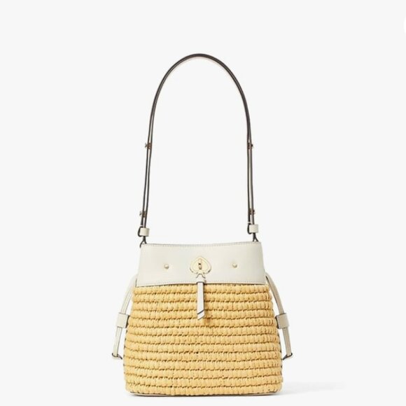 Kate Spade Marti Straw Mixed Media Small Bucket Bag Parchment Multi - Picture 1 of 14